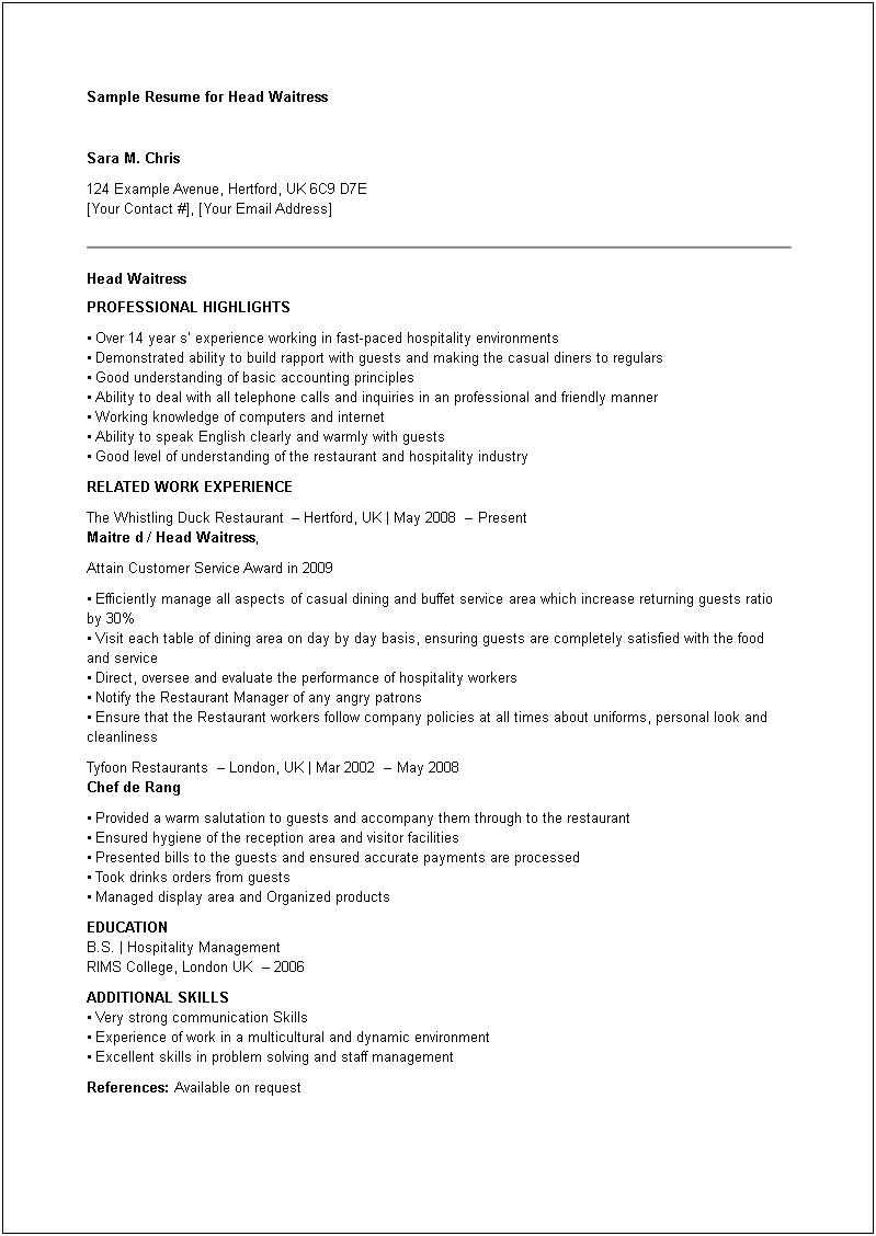 Sample Of A Waitress Resume