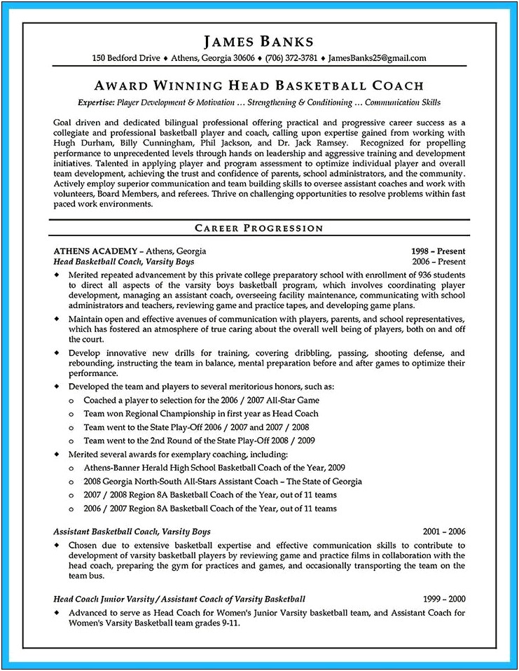 Sample Of Basketball Coach Resume