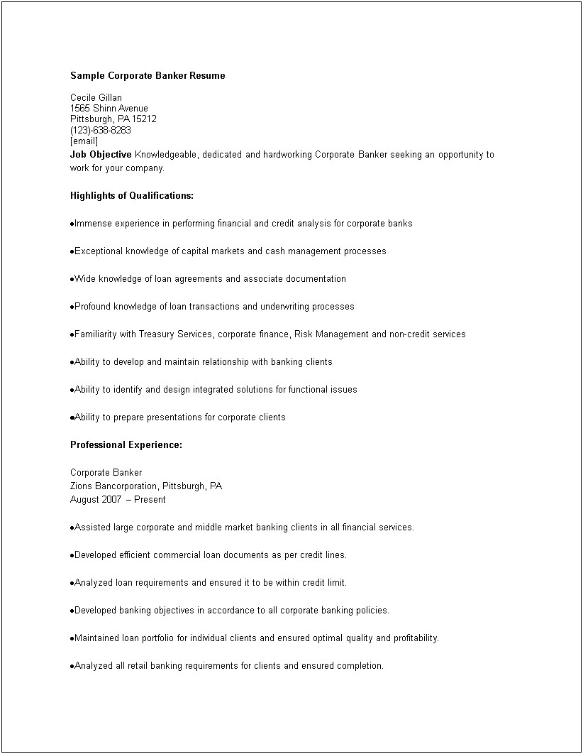 Sample Of Business Development Banker Resume