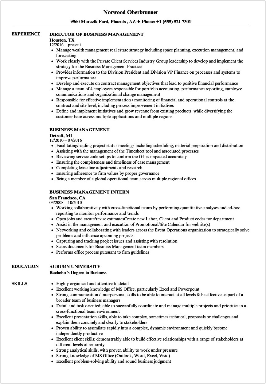 Sample Of Business Student Management Resume