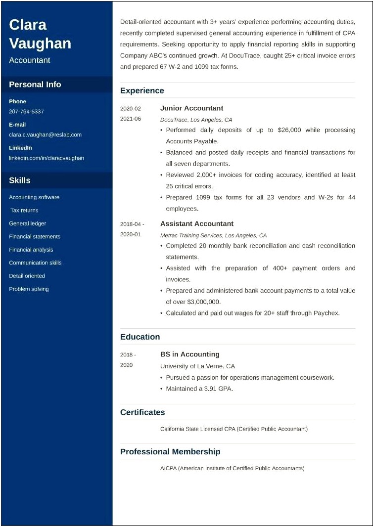 Sample Of Chronological Resume For Accountant
