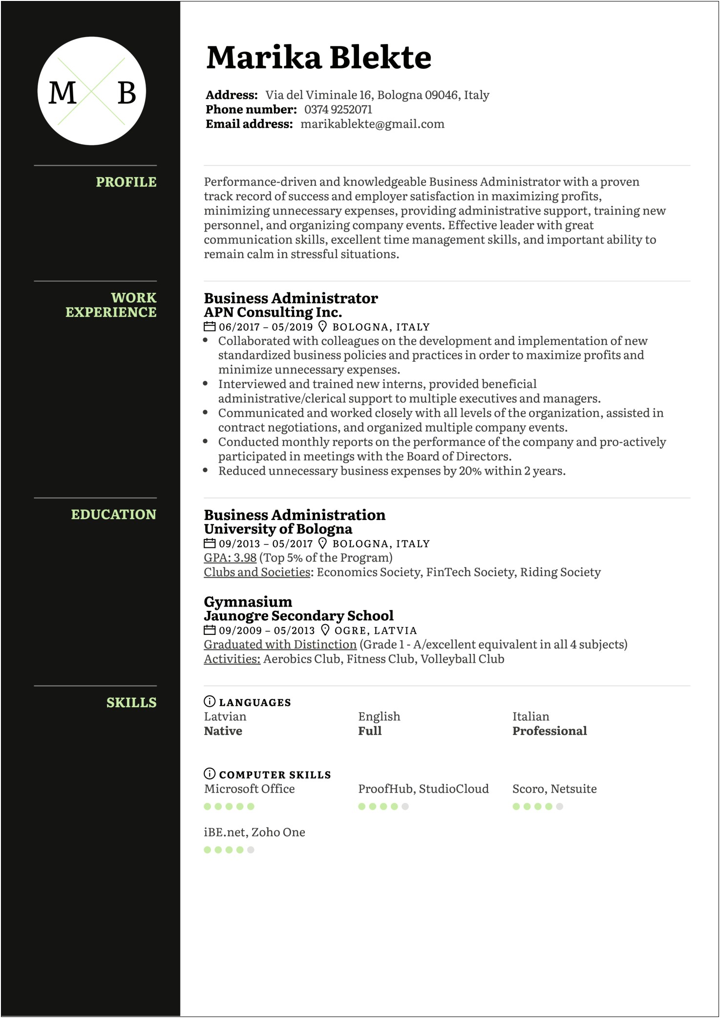 Sample Of Chronological Resume For Business Administration