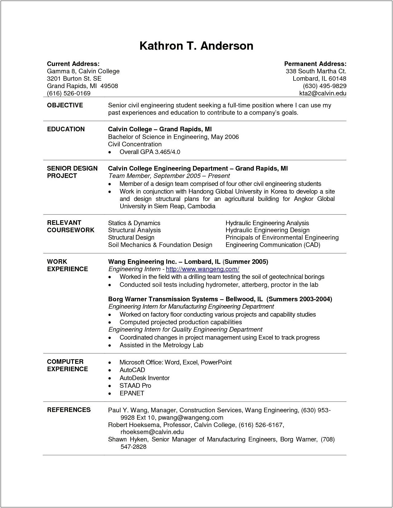 Sample Of College Undergraduate Resume