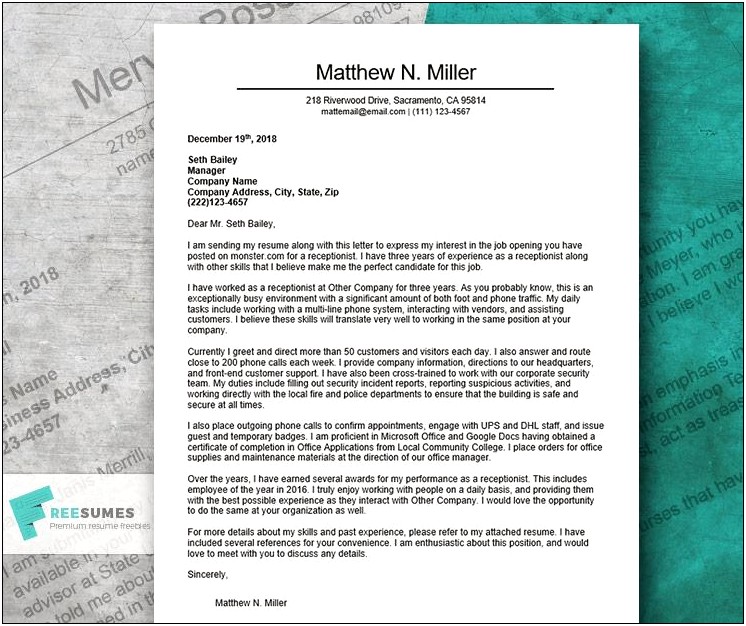 Sample Of Cover Letter For Receptionist Resume