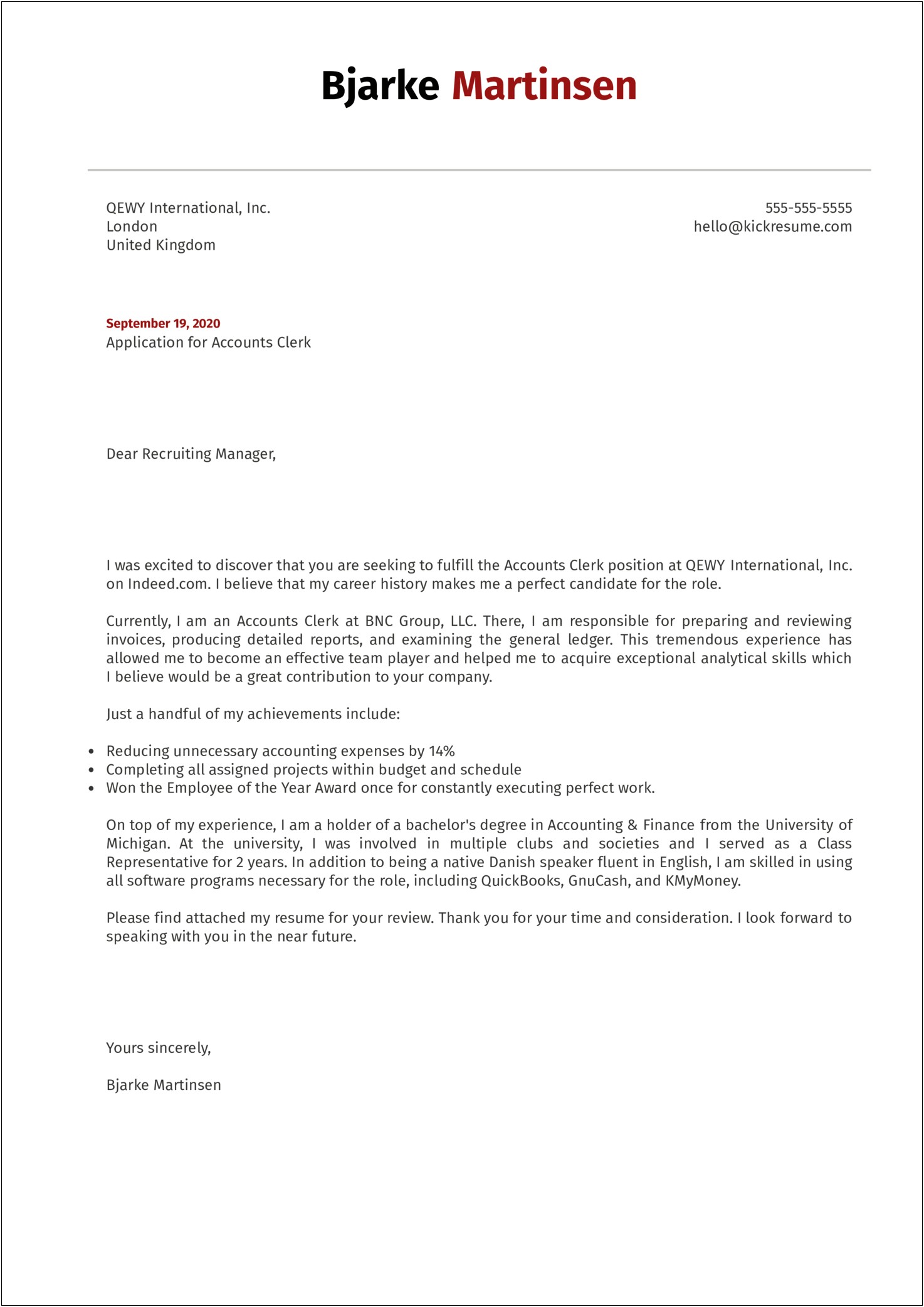 Sample Of Cover Letter For Resume For Accounting