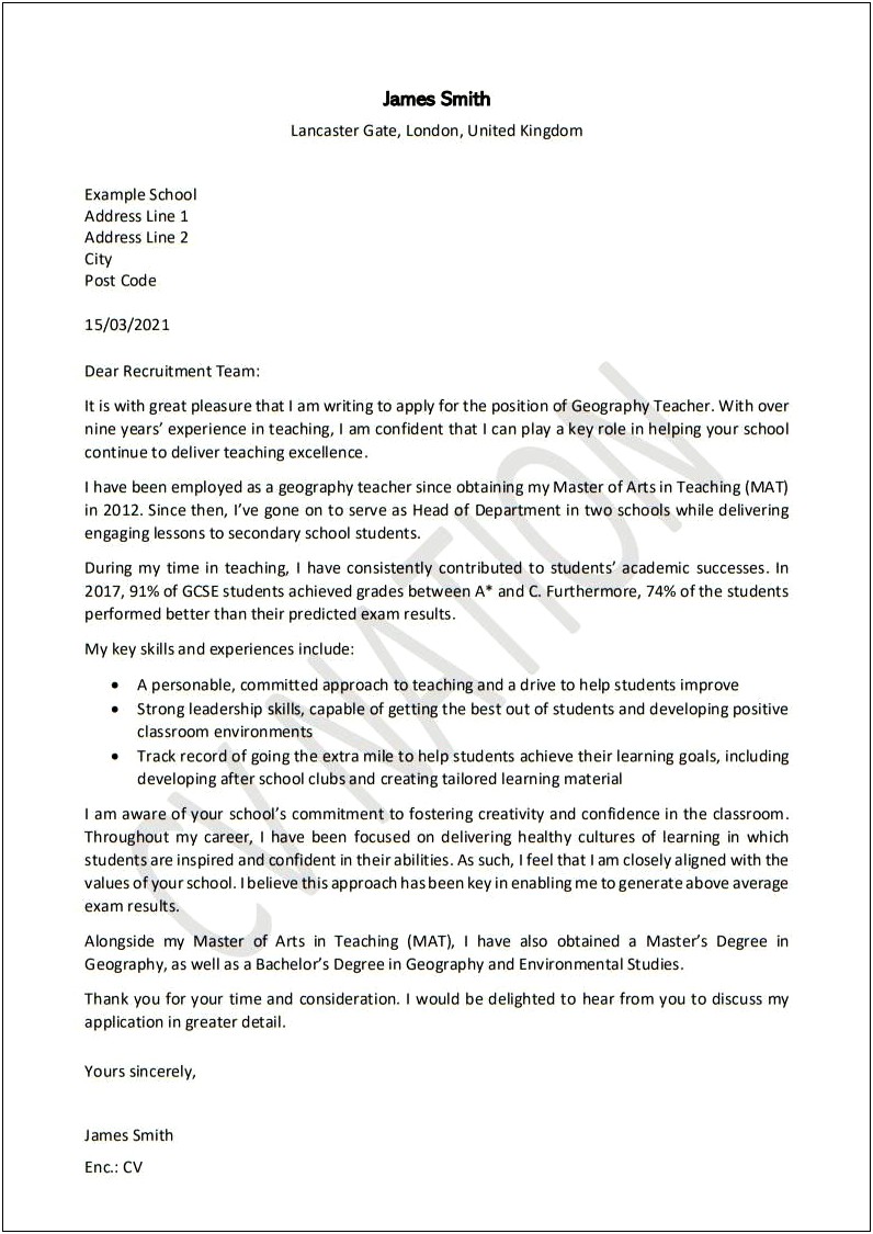 Sample Of Cover Letter For Resume For Teacher