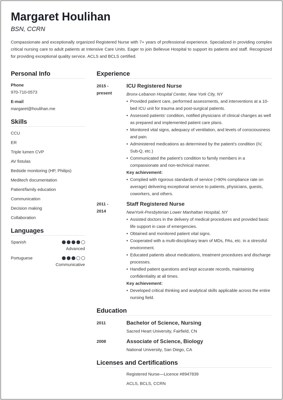 Sample Of Critical Care Registered Nurse Resume
