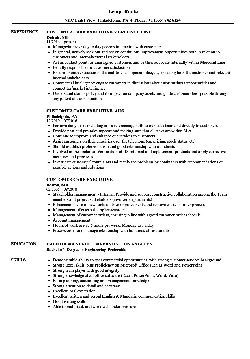 Sample Of Customer Care Resume
