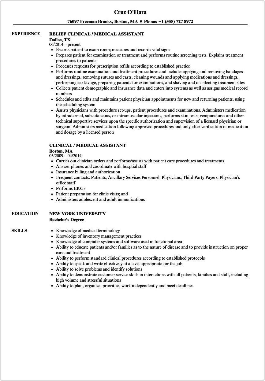 Sample Of Experienced Medical Assistant Resume