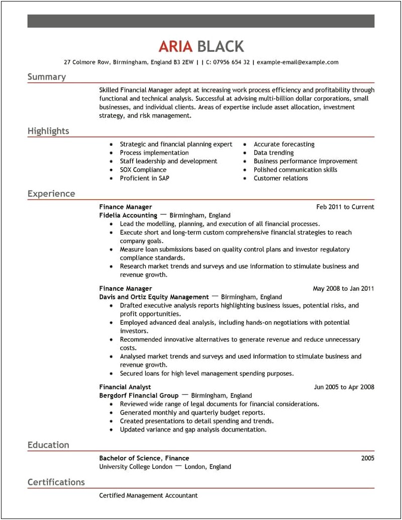 Sample Of Financial Manager Resume
