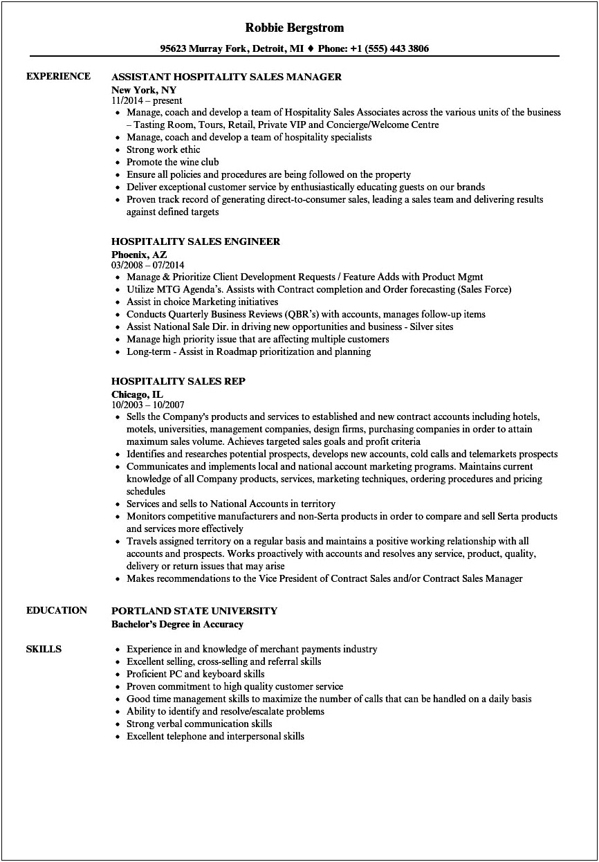 Sample Of Good Hotel Director Of Sales Resume