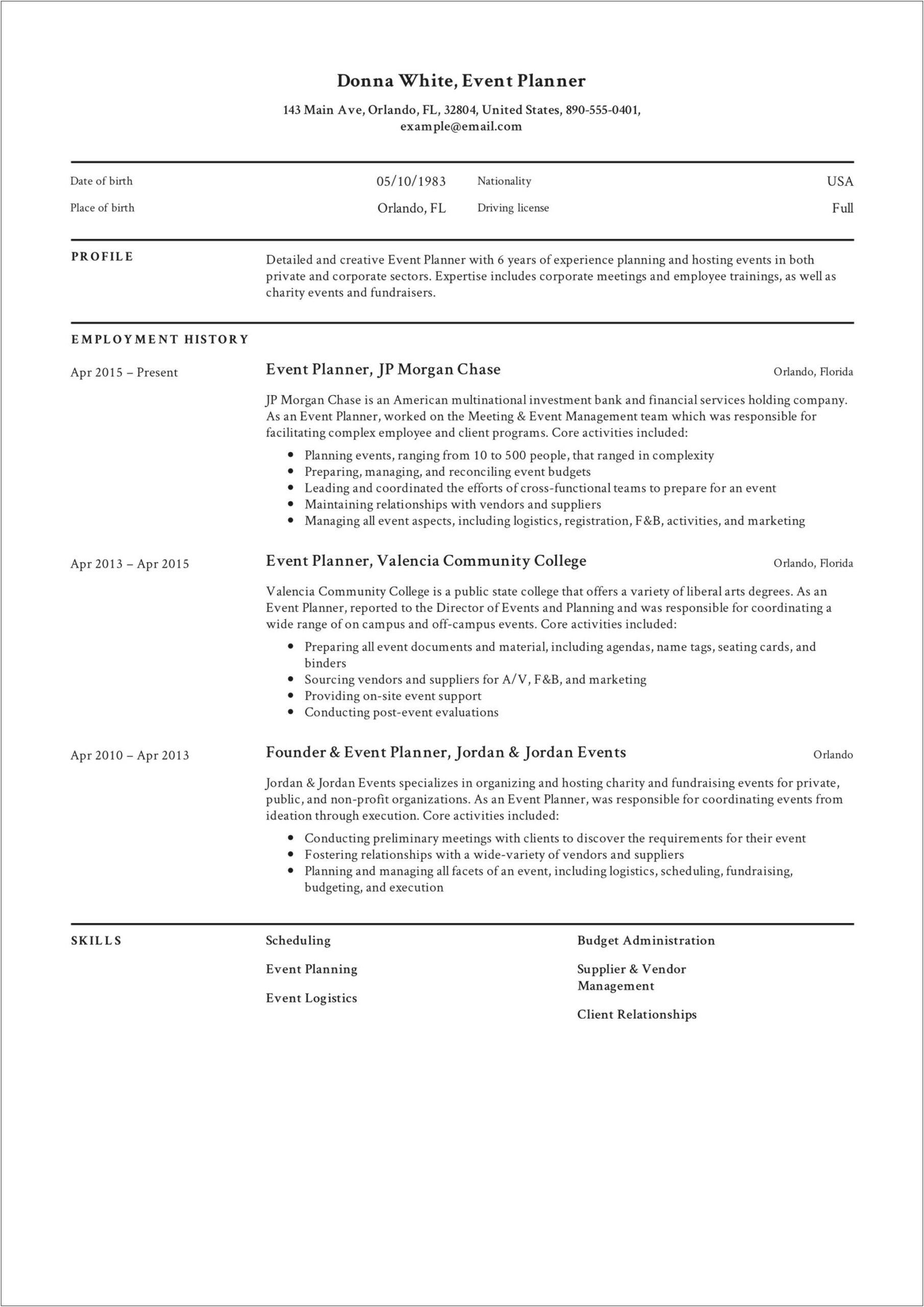 Sample Of Good Meeting Planner Resume