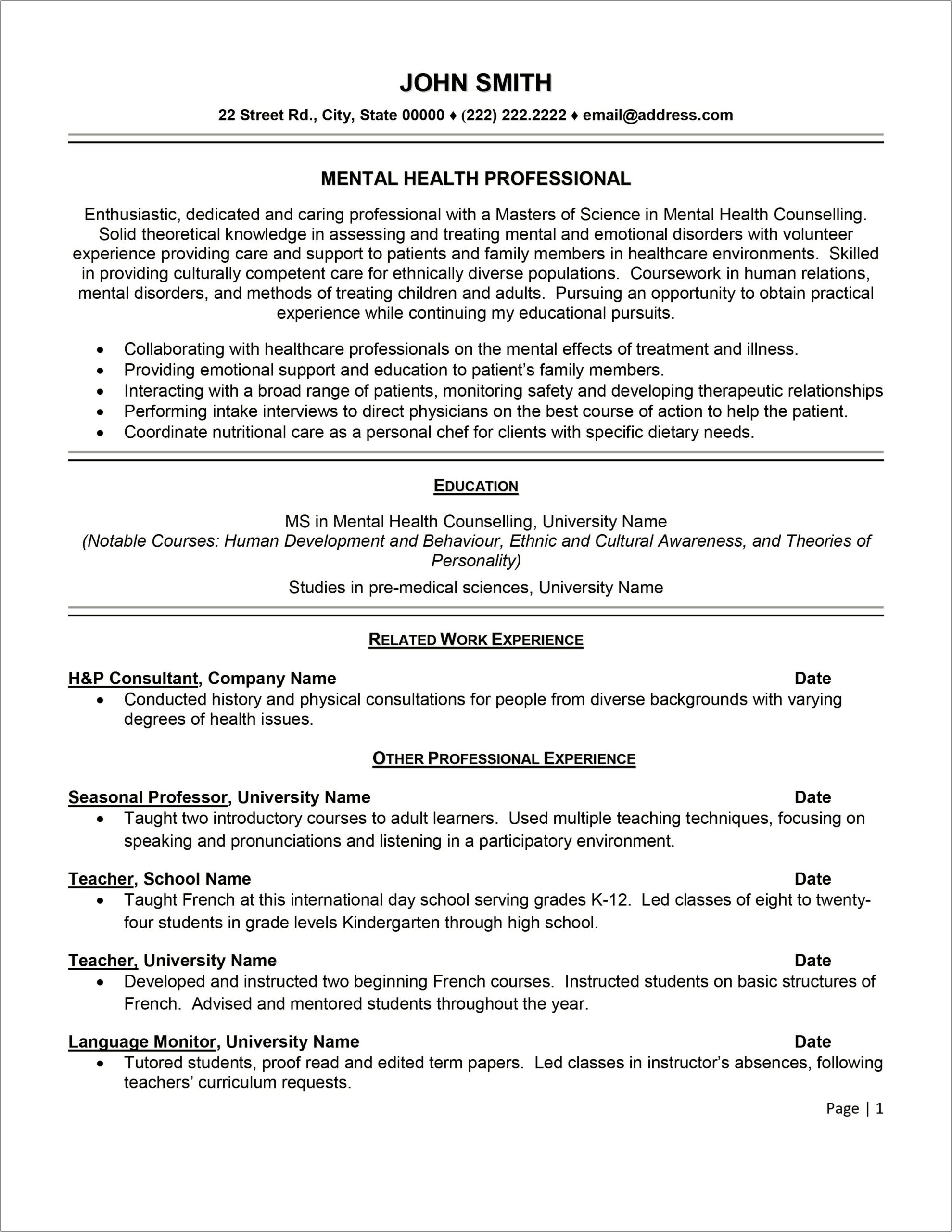 Sample Of Health Professional Resume