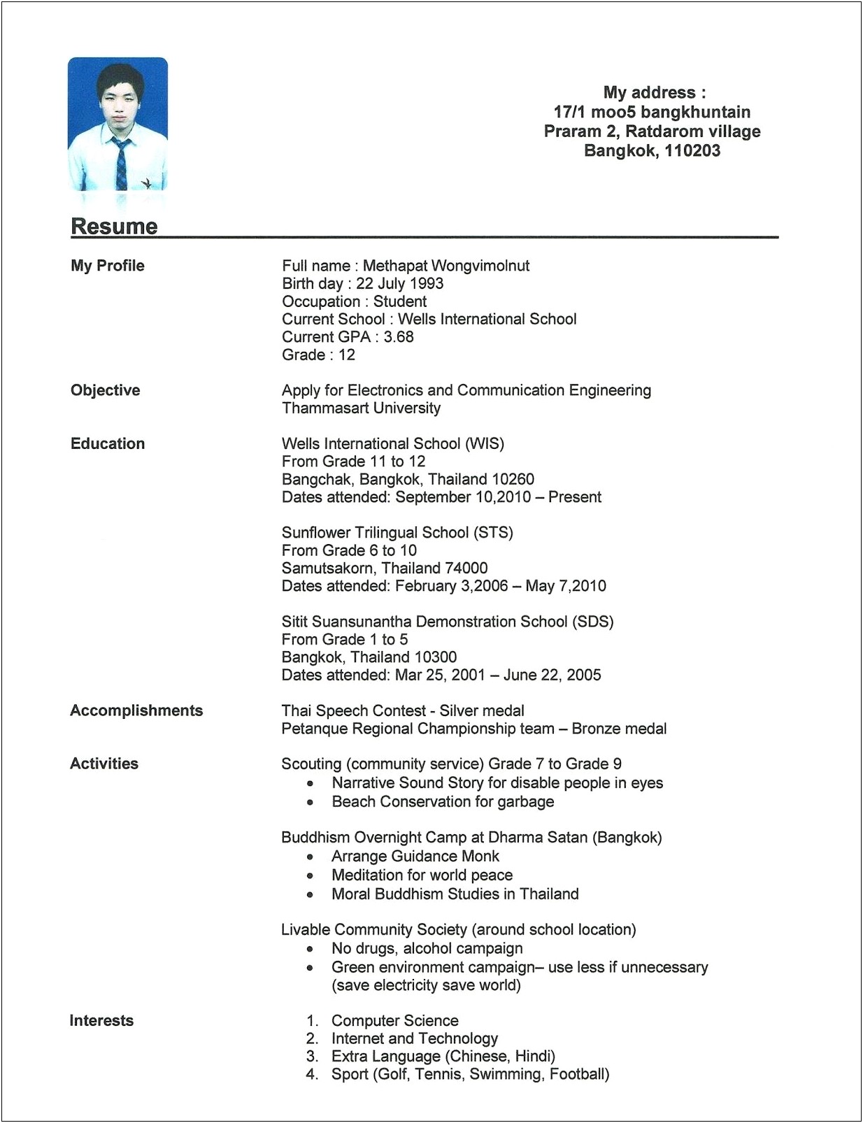 Sample Of High School Student Resume For College