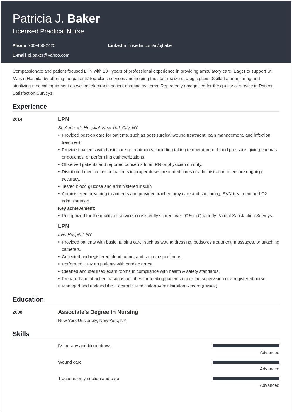 Sample Of Licensed Practical Nurse Resume