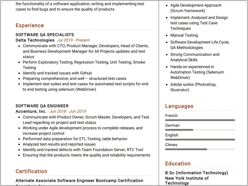 Sample Of Modern Resume For Quality Assurance Specialist