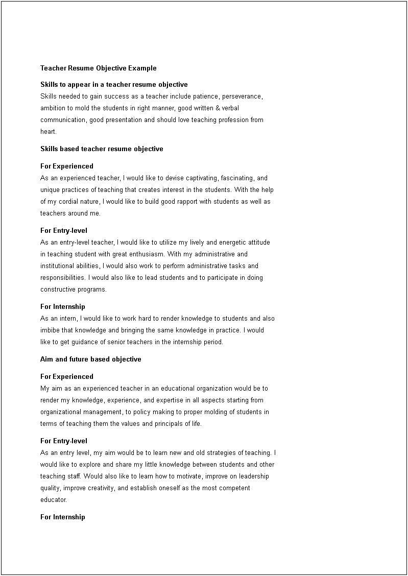 Sample Of Objectives For Resume As A Teacher