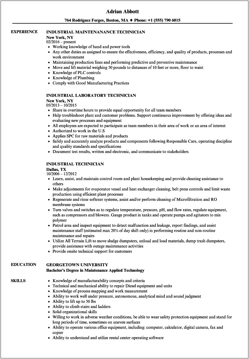 Sample Of Production Technician Resume