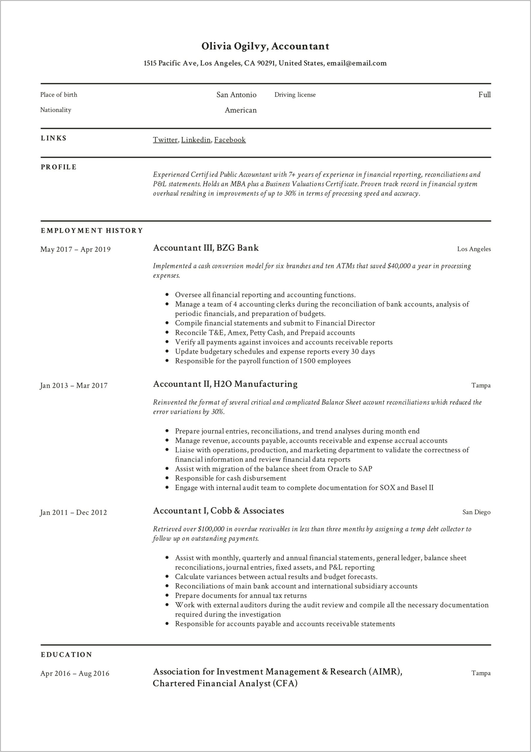 Sample Of Professional Resume For Accountant