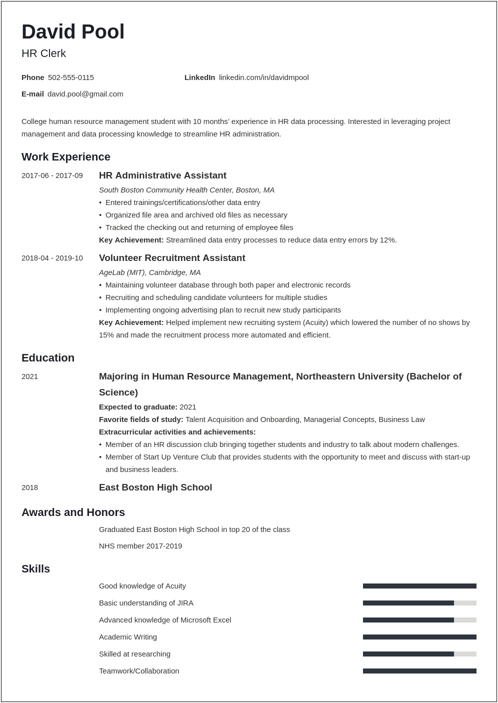 Sample Of Resume For College Internship