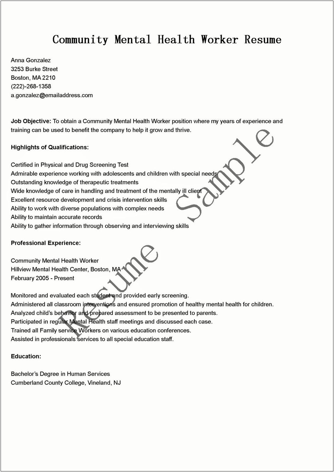 Sample Of Resume For Community Worker