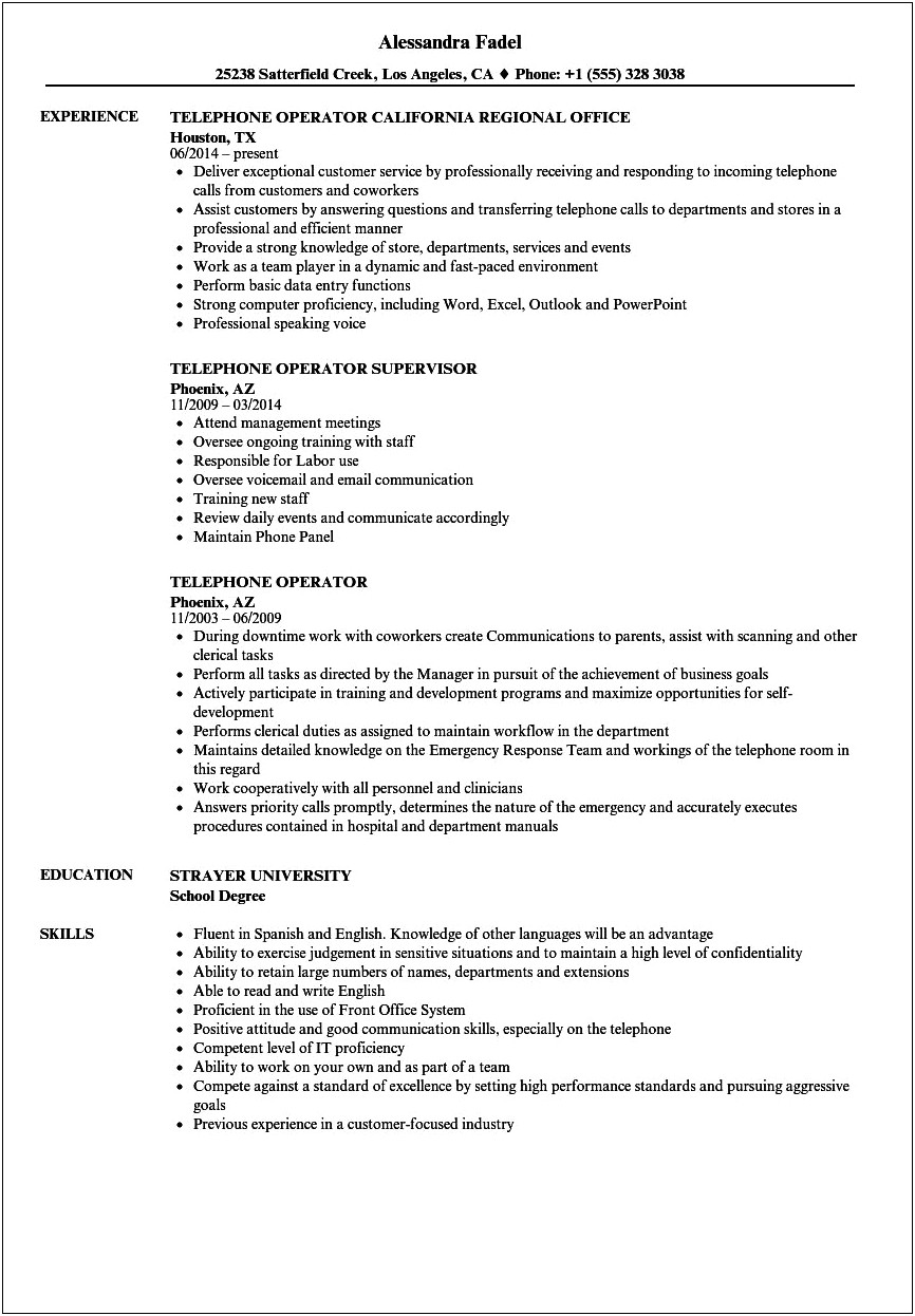 Sample Of Resume For Computer Operator