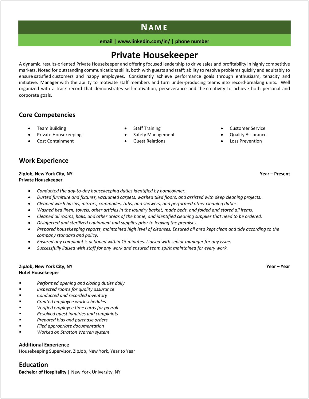 Sample Of Resume For House Keeper