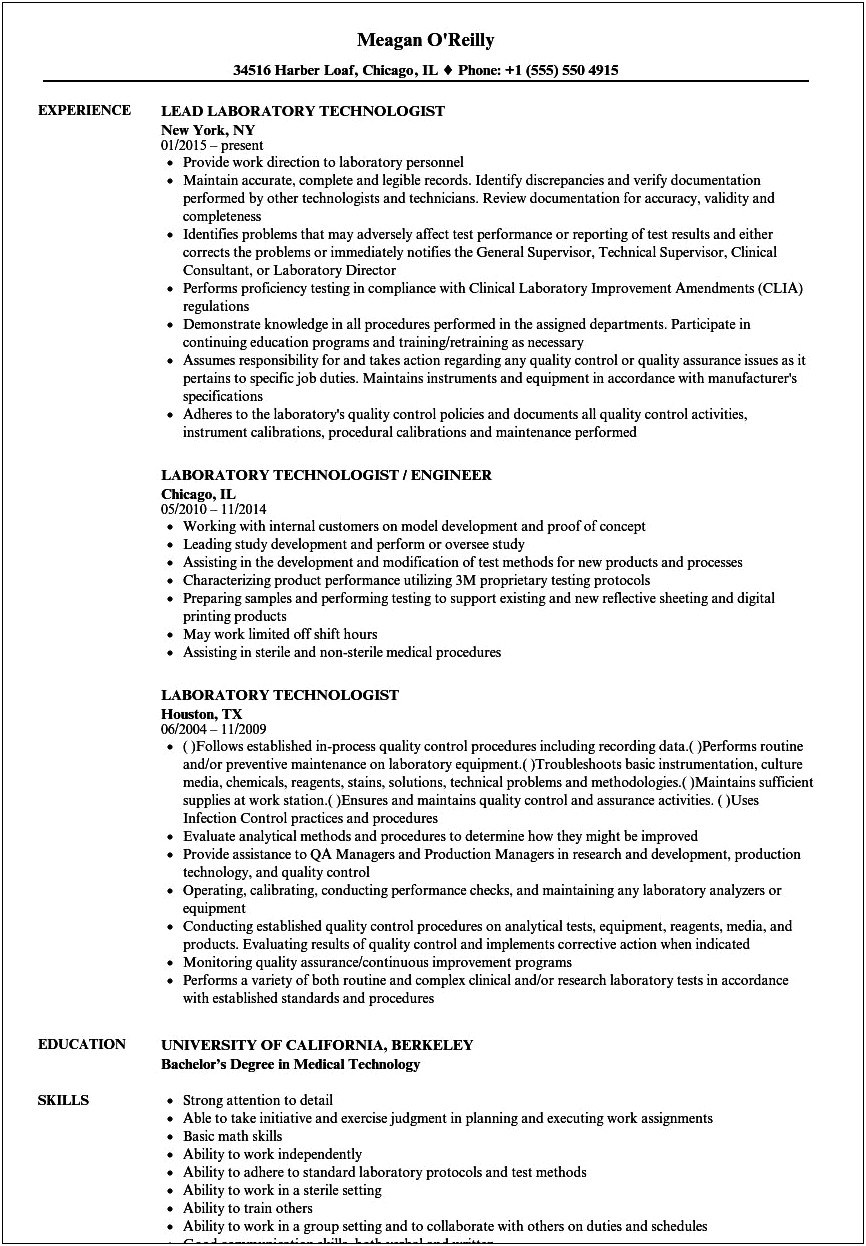 Sample Of Resume For Medical Laboratory Technologist