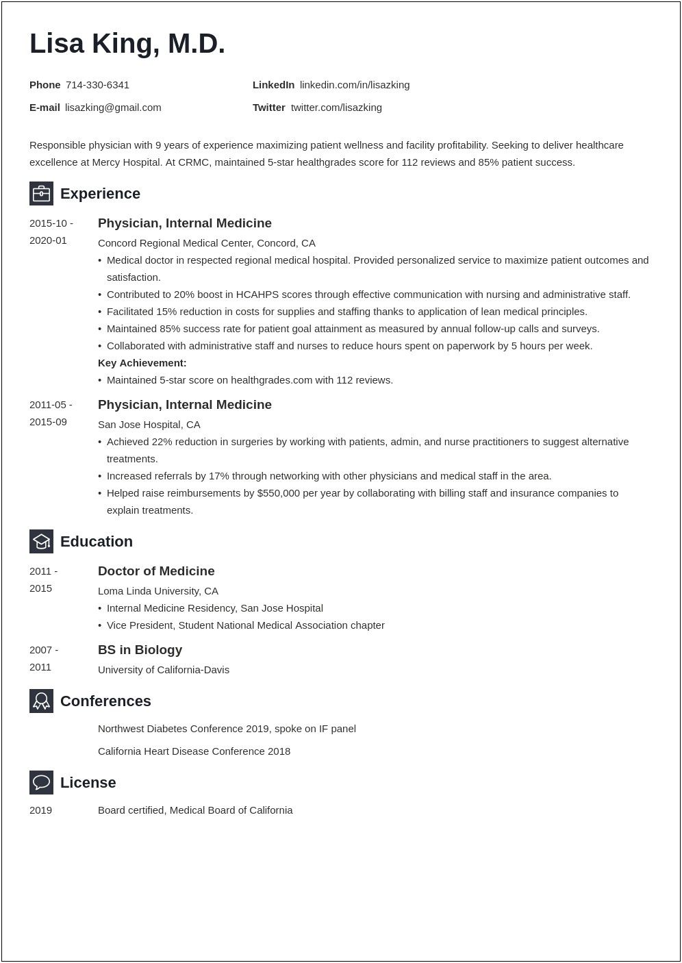 Sample Of Resume For Primary Care Doctor
