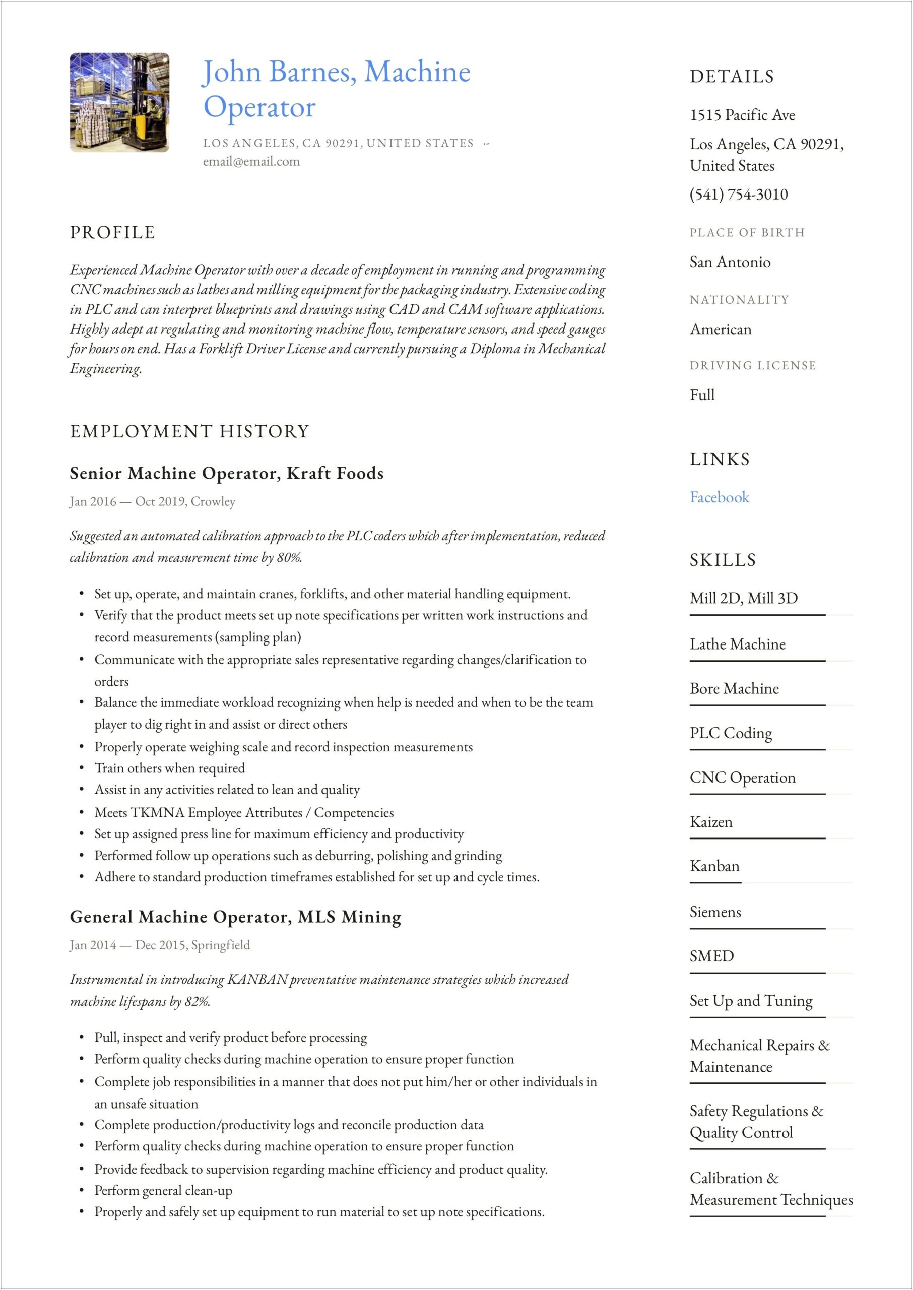 Sample Of Resume For Production Operator