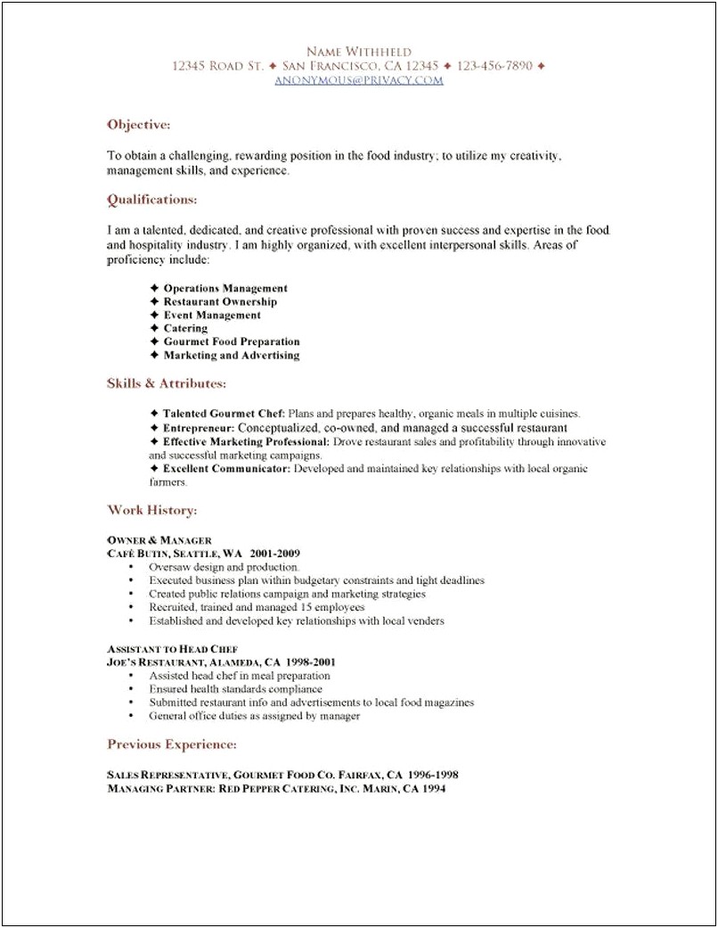 Sample Of Resume For Restaurant Server