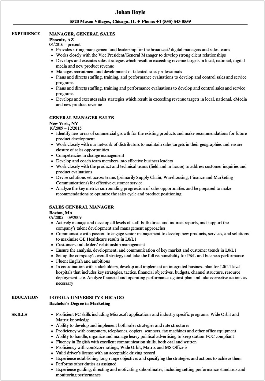 Sample Of Resume For Sales Manager General Manager