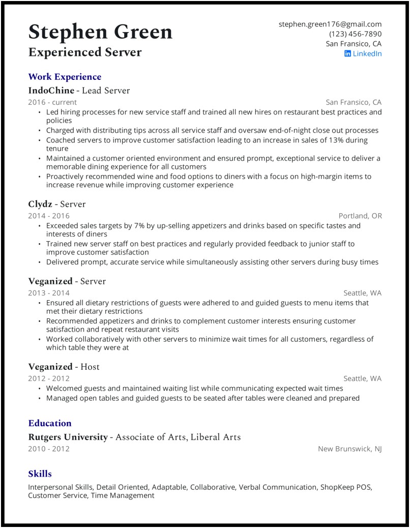 Sample Of Resume For Server