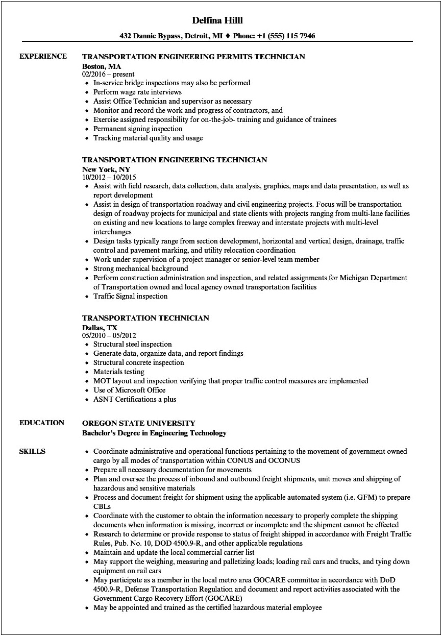 Sample Of Resume For Traffic Engineer