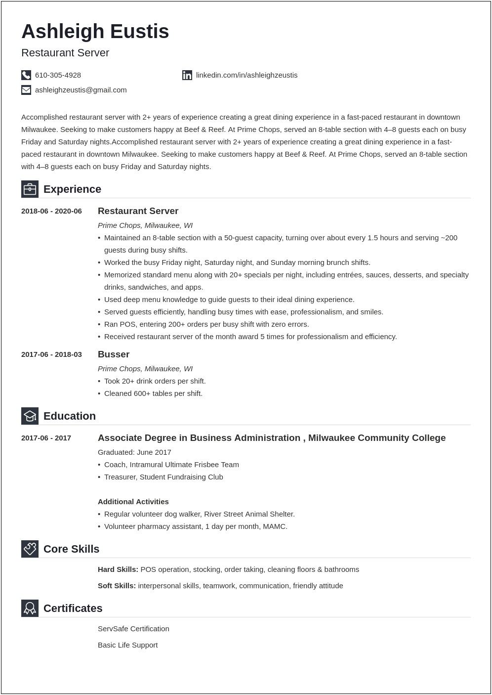 Sample Of Resume Highlights For Food Server