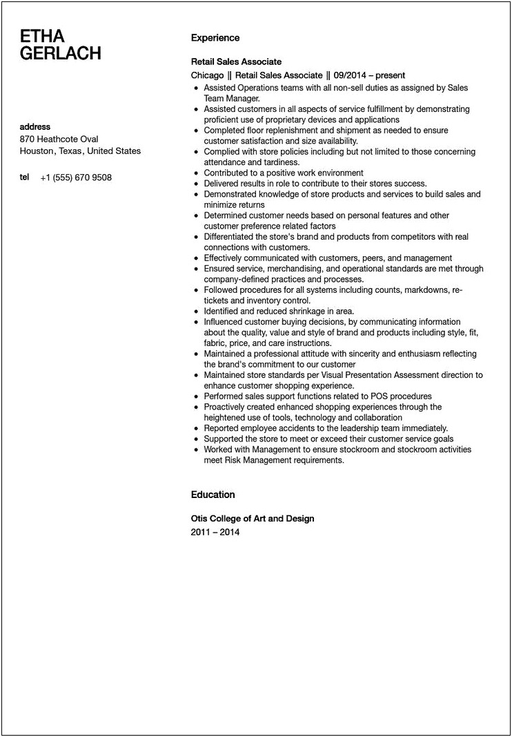 Sample Of Resume In Retail Associate