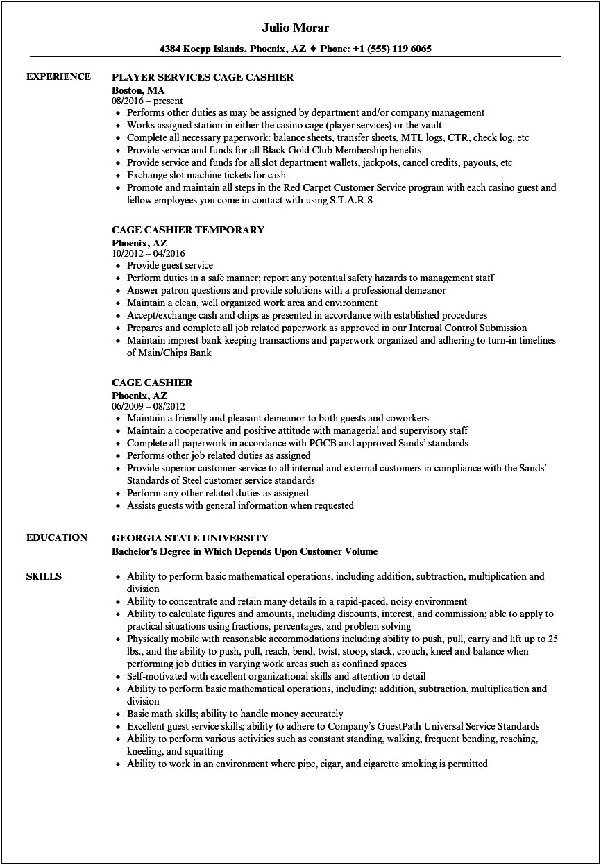 Sample Of Resume Jobs Responsibilities For Casino