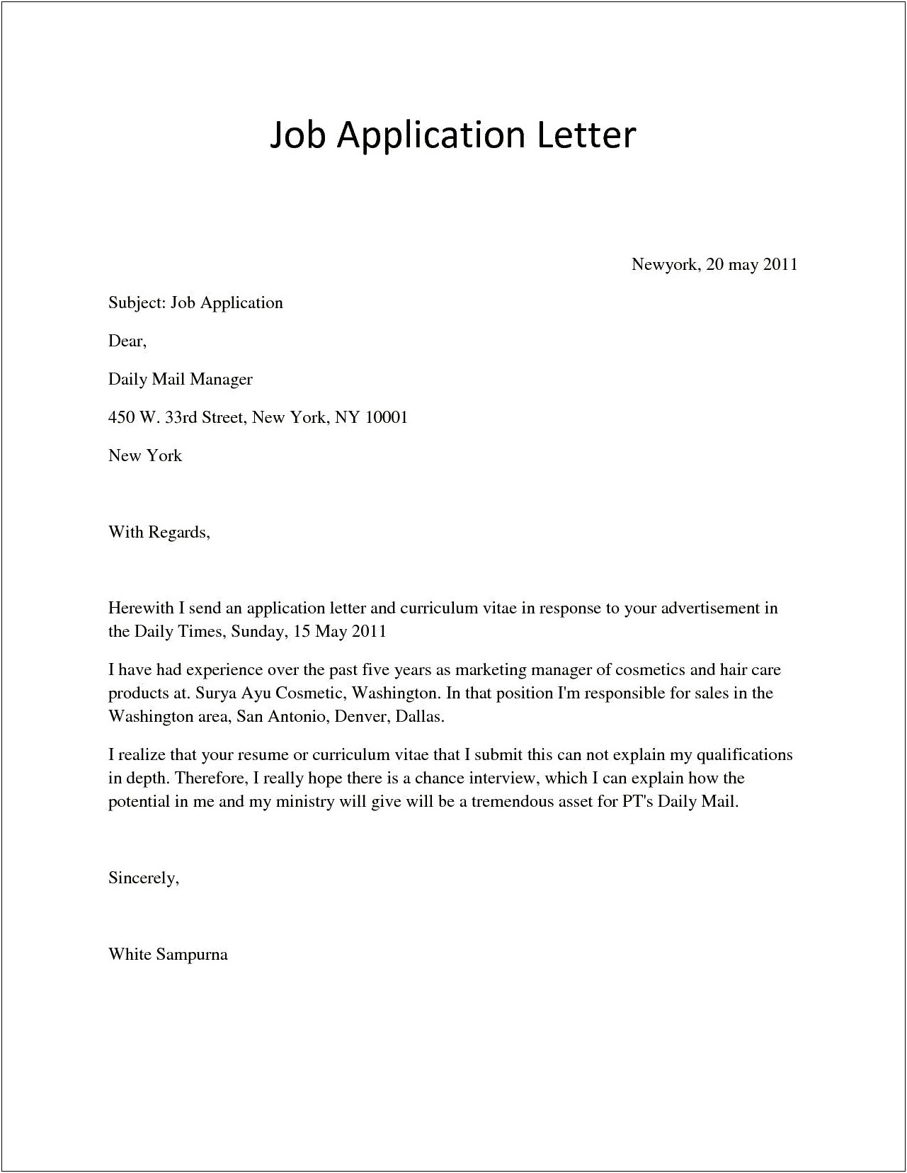 Sample Of Resume Letter For Applying A Job