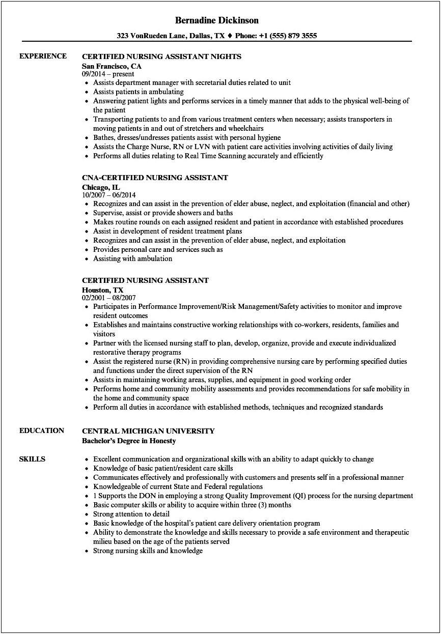 Sample Of Resume Nursing Assistant