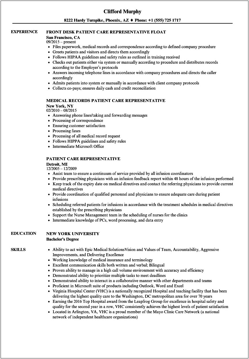 Sample Of Resume Of Medical Member Service Representative