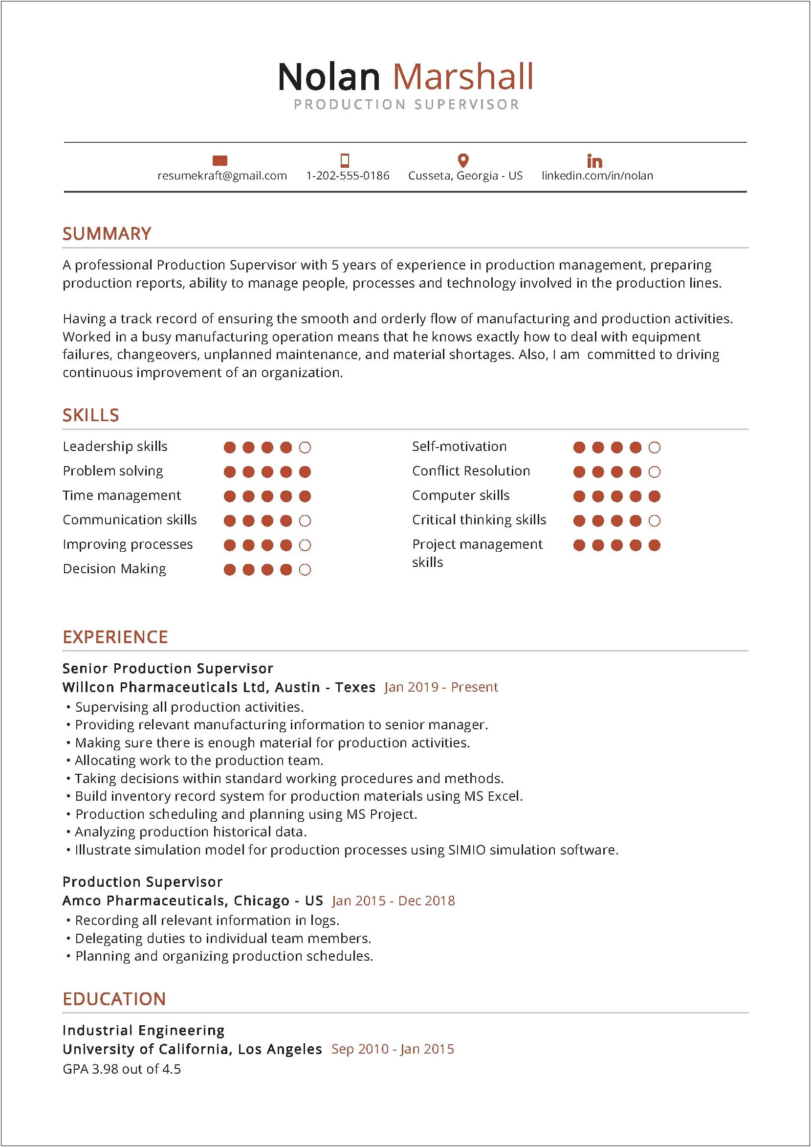 Sample Of Resume Of Supervisor