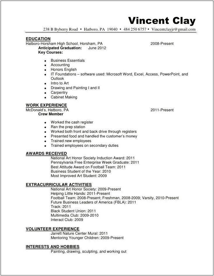 Sample Of Resume With Honors