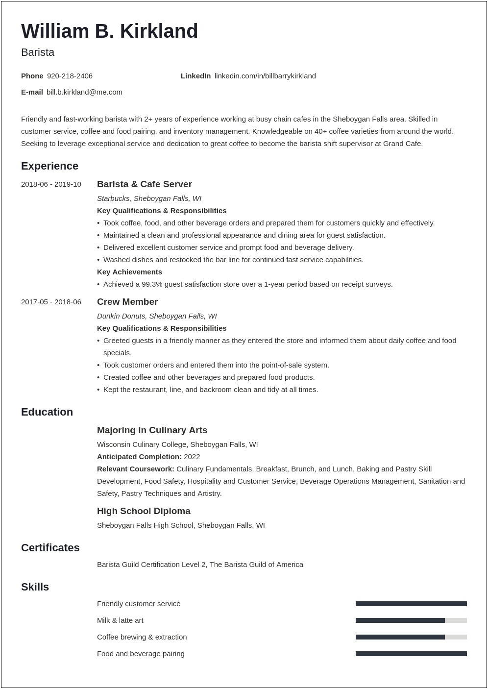 Sample Of Resumes For Barista