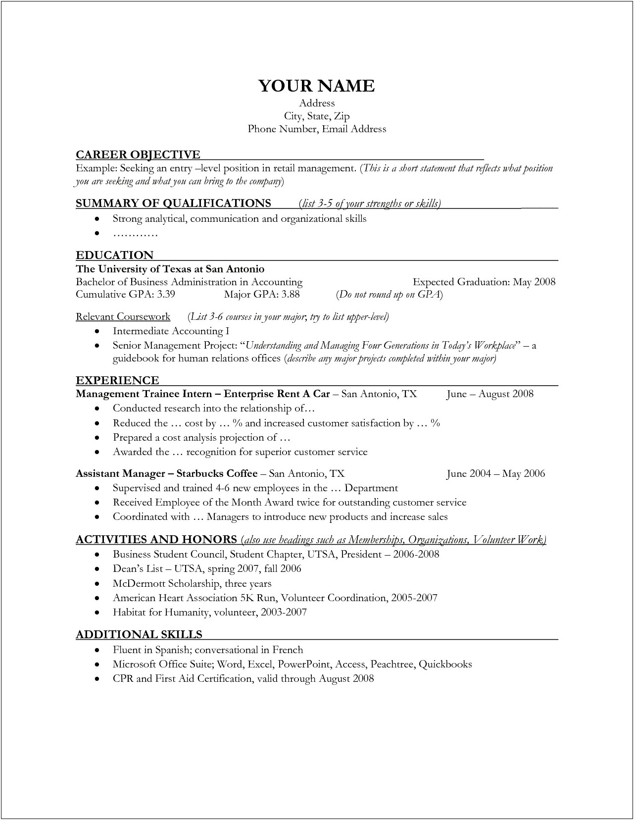 Sample Of Resumes For Manager Positions
