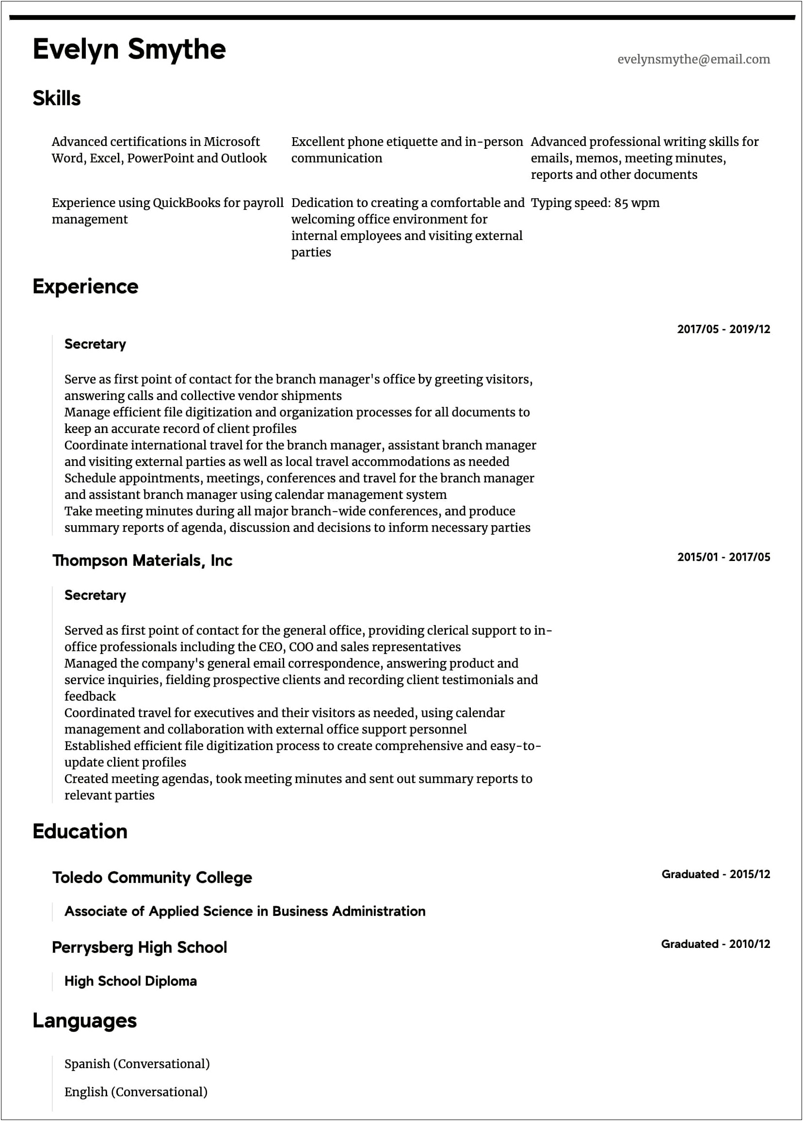 Sample Of School Secretary Resume