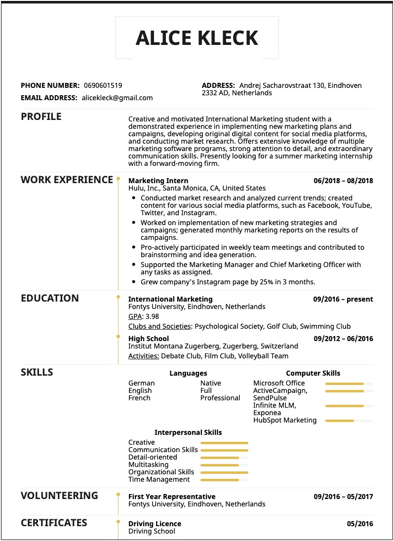 Sample Of Undergraduate Student Resume