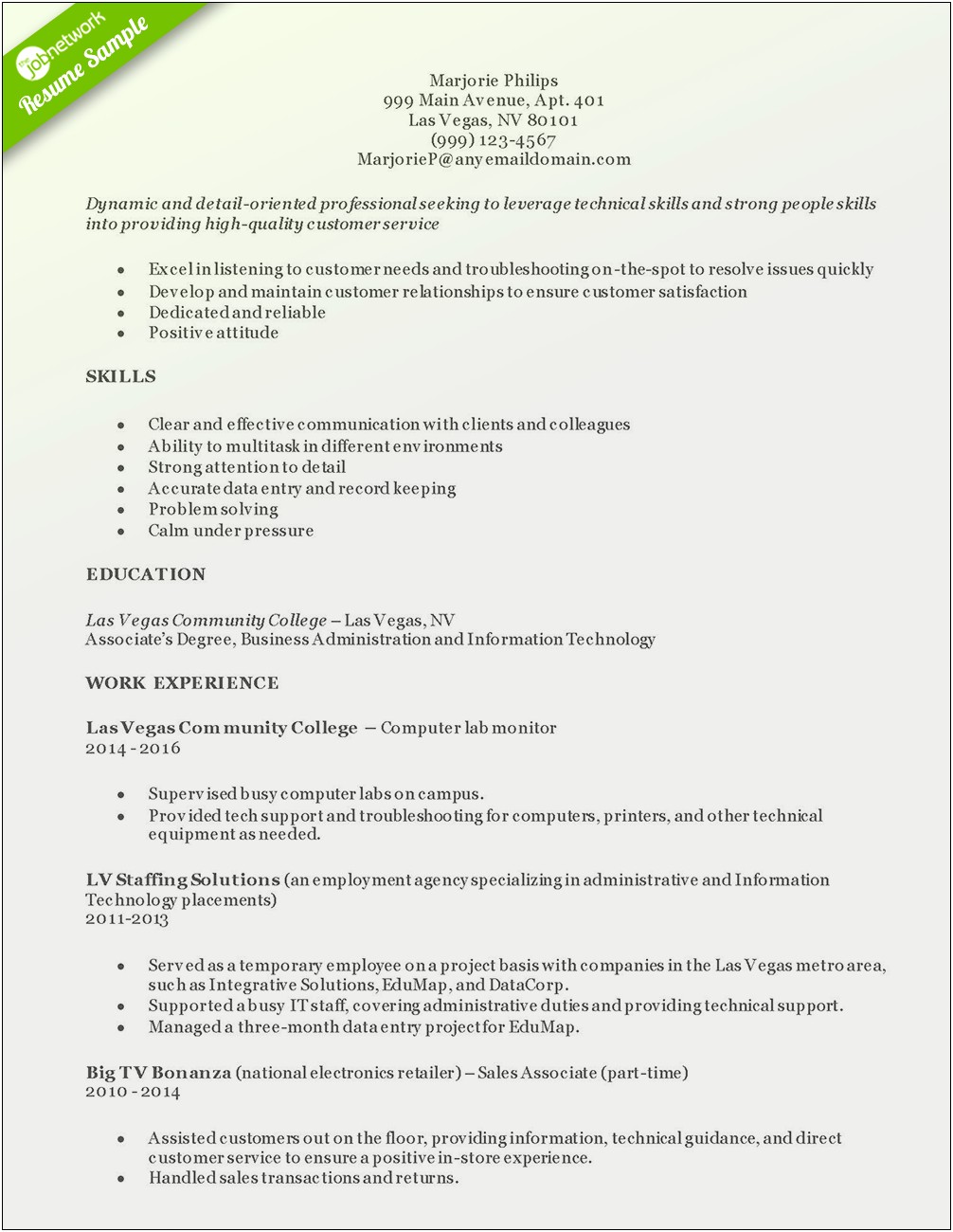 Sample Part Time Employment Resume