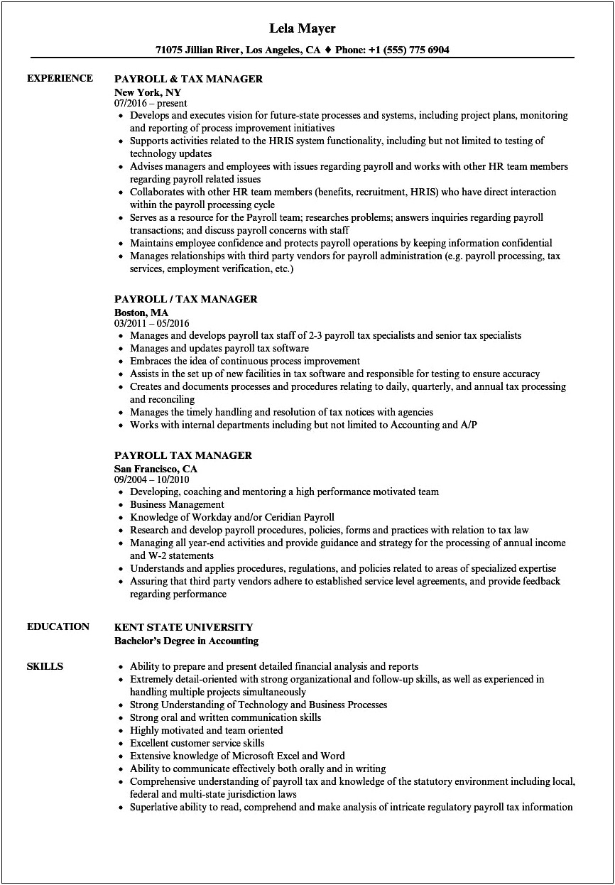 Sample Payroll Manager Resume Objective