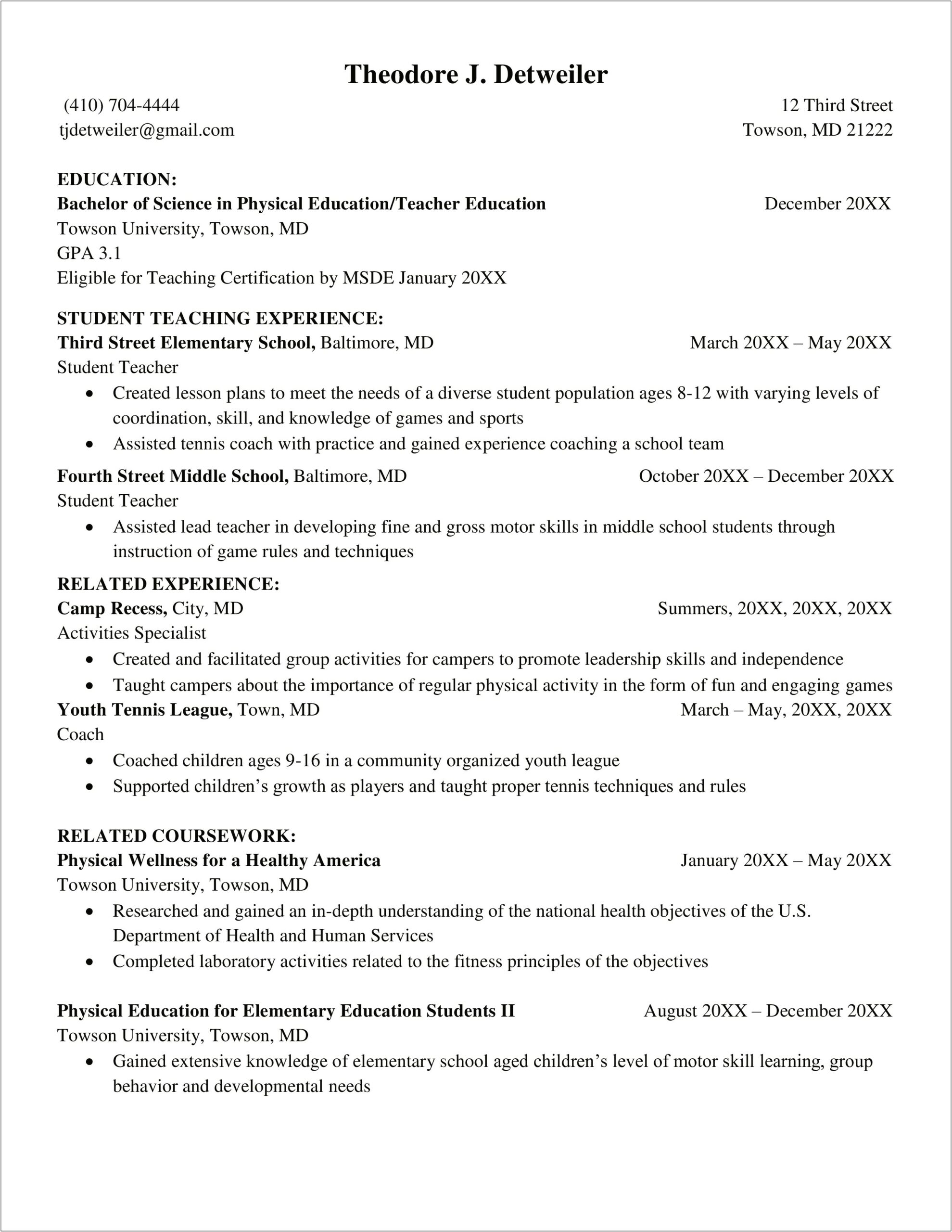 Sample Pe Resume Physical Education