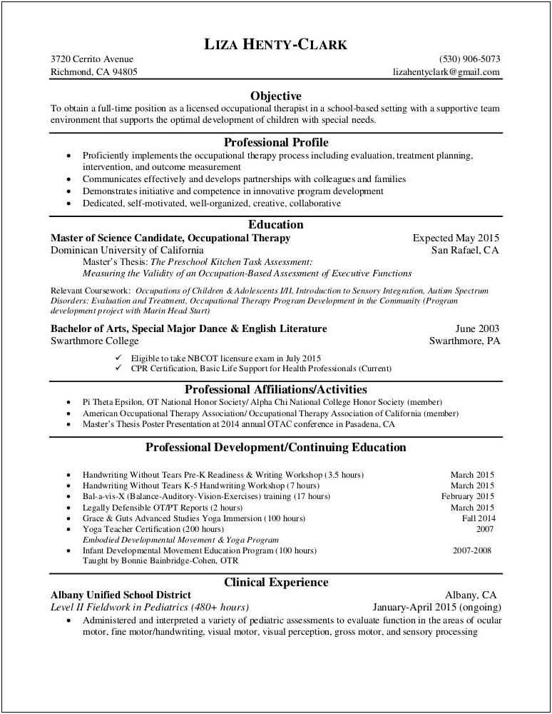 Sample Pediatric Occupational Therapist Resume
